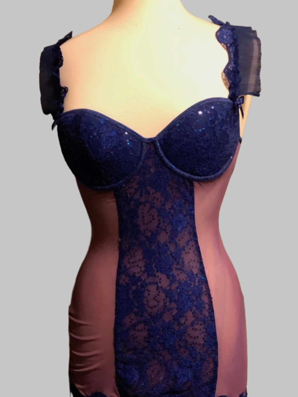 Fancì Club Style Navy Blue Lace Sequined Corset Babydoll Bodysuit S
